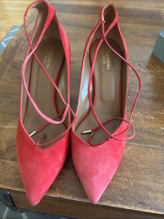 Aquazzura Shoes - Aquazzura Coral-Red Suede Lace-Up Pointed-Toe Heels